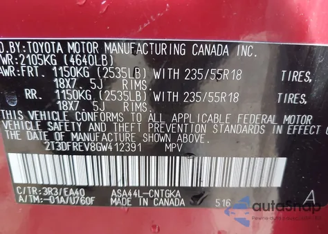 2016 Toyota Rav4 Limited z USA, uszkodzony, nr VIN 2T3DFREV8GW412391